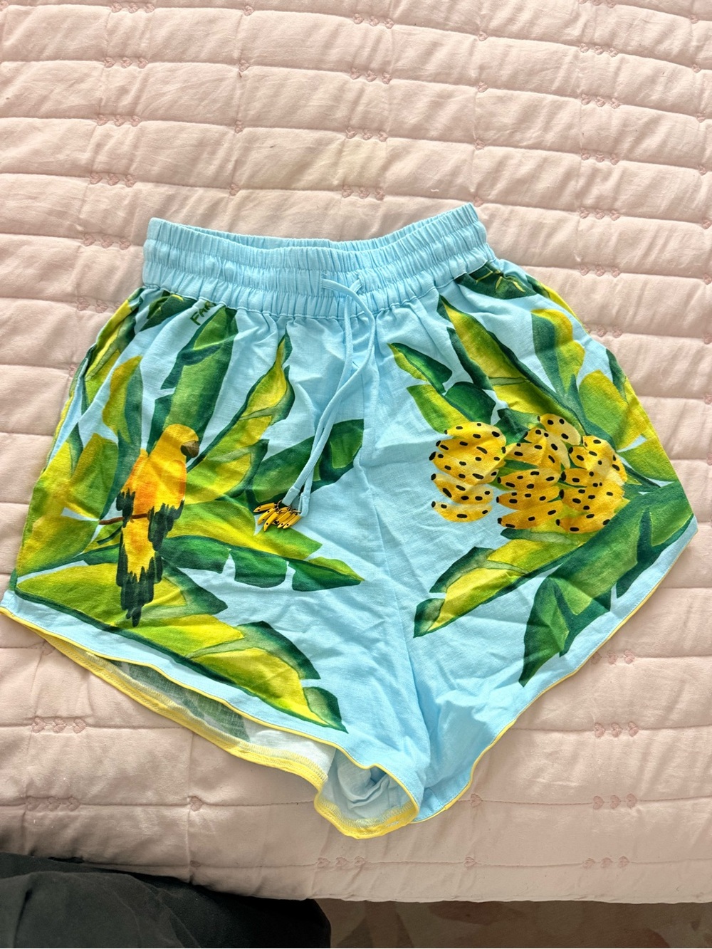Farm Rio Light Blue Tropical Print Women’s Shorts with Yellow Accents NWT